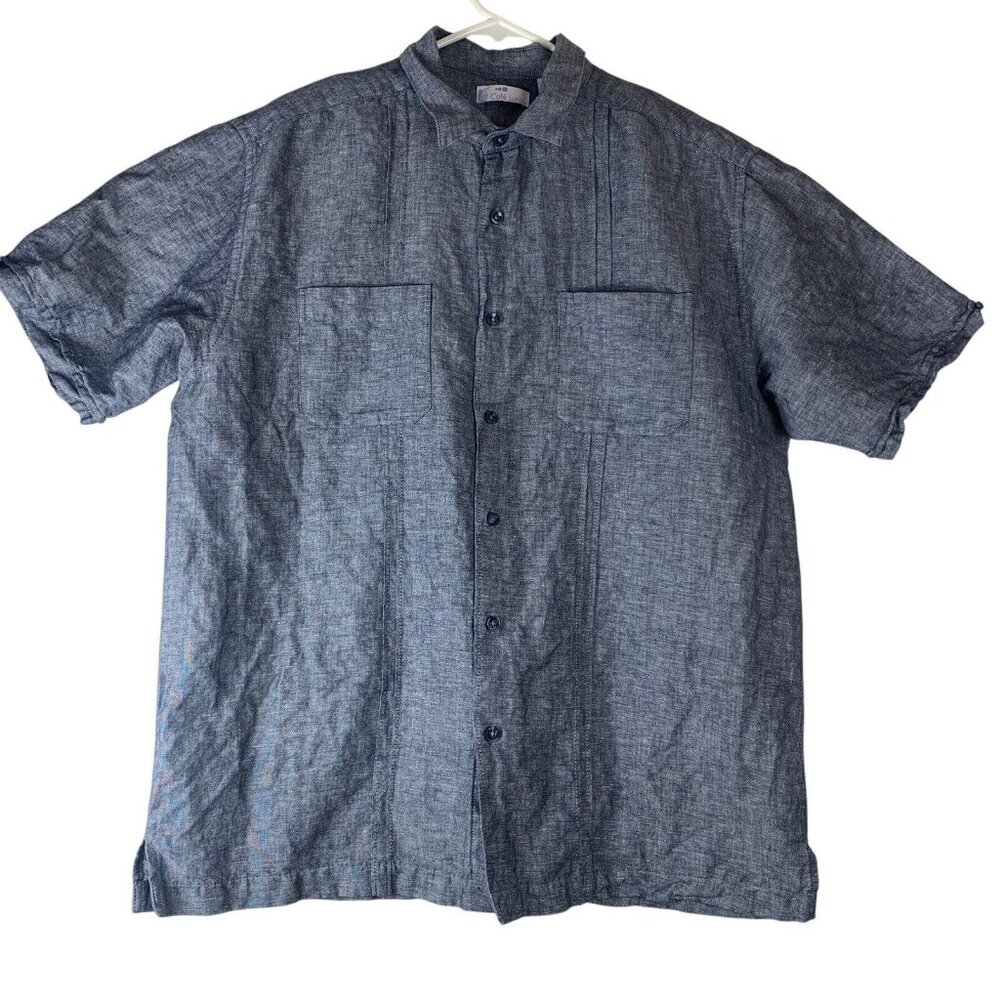 Cafe Linen Mens Shirt Size Medium Linen Blend Short Sleeve Gray Blue Collared